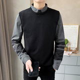 8215#P105秋冬款袖口拼接男士假两件条纹针织衫长袖套头毛衣，男装针织衫/毛衣，电商C309