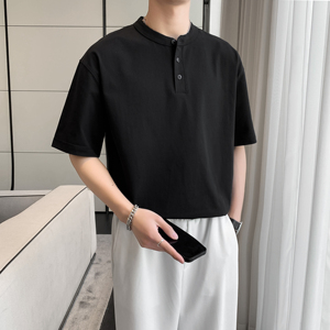 2301#黑男士纯色立领短袖T恤衫轻熟店主复古休闲圆领T恤潮特P48