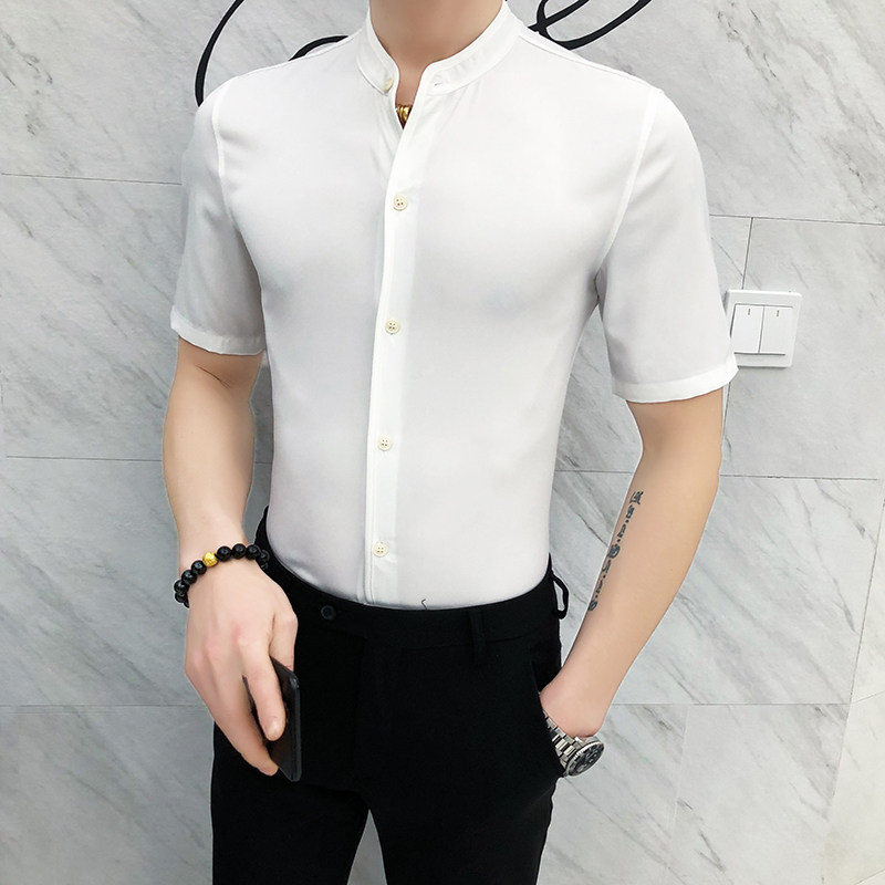 CS01#夏款纯色立领韩版修身英伦店主男士短袖休闲衬衫P40,男装T恤,电商C309