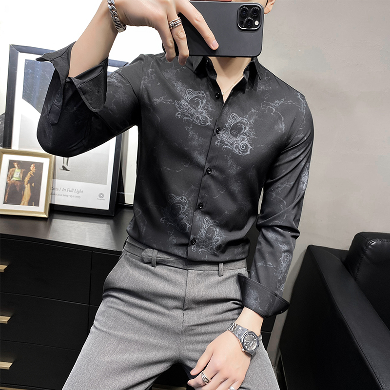 C916_P60/2025秋款人头银丝边印花店主风男士韩版休闲衬衫潮，男装衬衫，电商C309