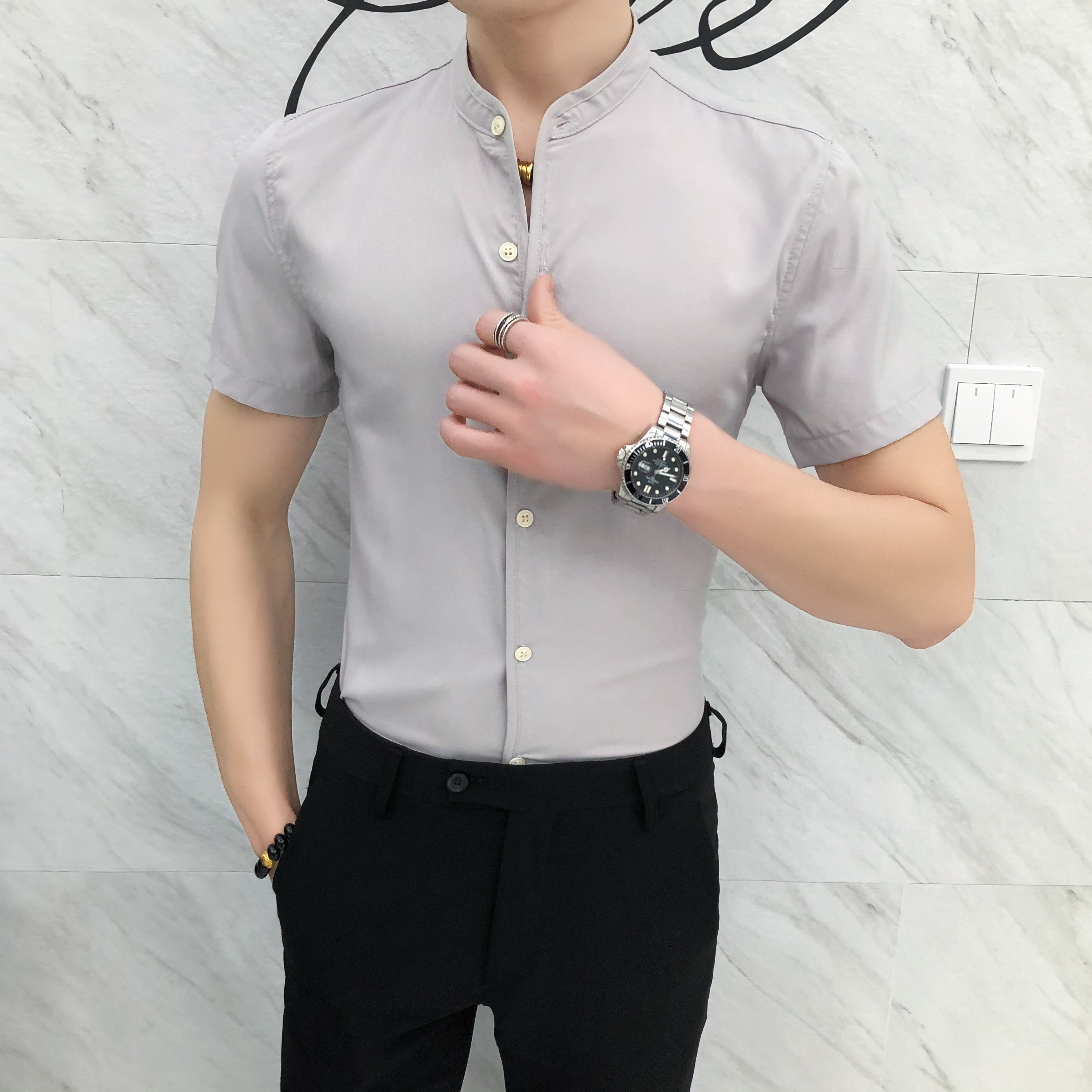 纯色立领男士韩版修身短袖休闲衬衫半袖衬衣男CS01P40,男装T恤,电商C309