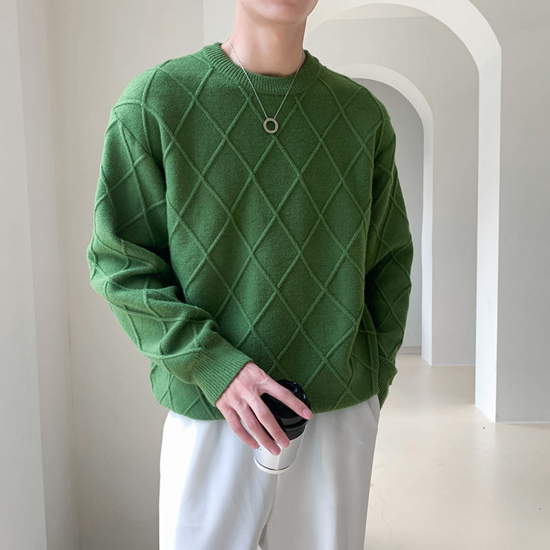 白_轻熟风菱形格纹男士圆领长袖毛衣套头针织衫8205#P105,男装针织衫/毛衣,电商C309