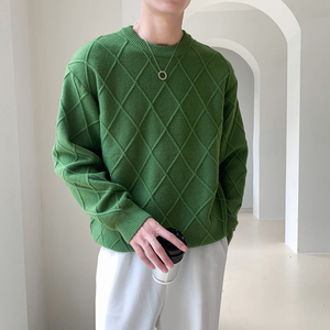 轻熟风菱形格纹男士圆领长袖毛衣套头针织衫8205#P105