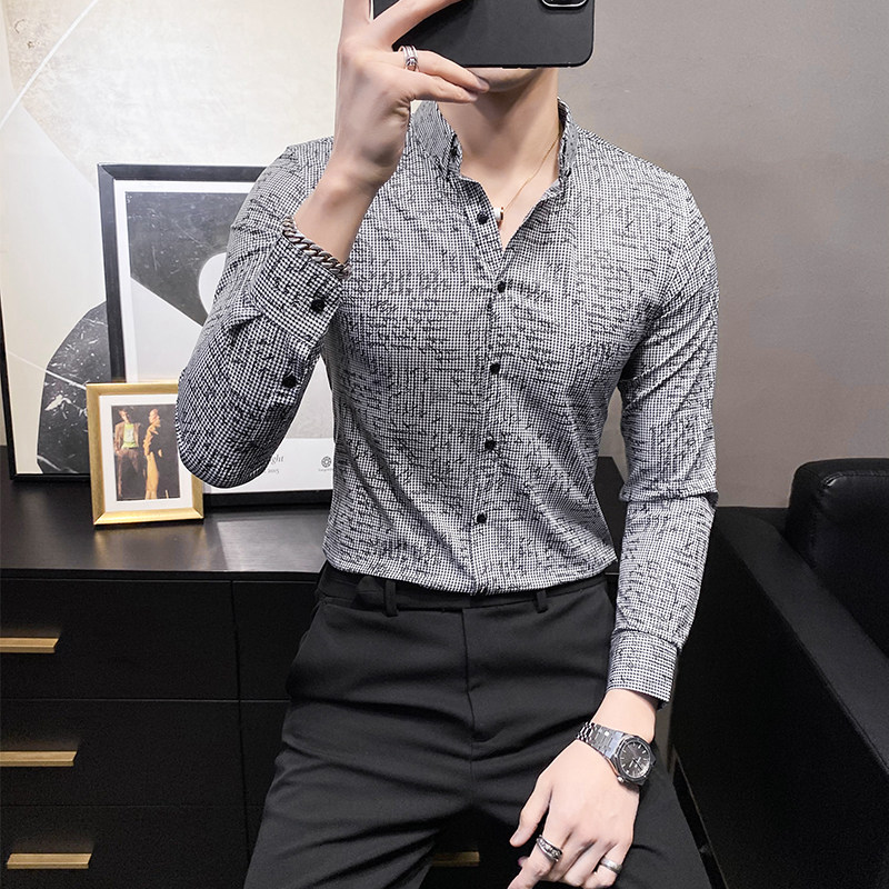 2025秋款千鸟格印花店主风男士韩版长袖休闲衬衫C801#P60,男装衬衫,电商C309