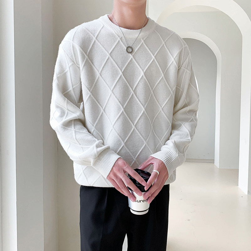 白_轻熟风菱形格纹男士圆领长袖毛衣套头针织衫8205#P105,男装针织衫/毛衣,电商C309