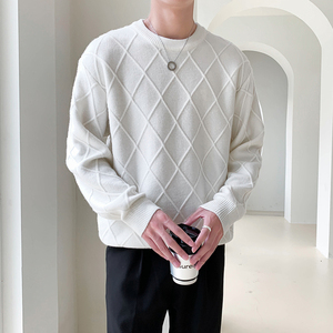 轻熟风菱形格纹男士圆领长袖毛衣套头针织衫8205#P105图片