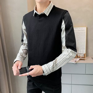 秋冬款 袖部拼接 男士条纹假两件针织衫长袖套头毛衣8225#P105,男装针织衫/毛衣,电商C309