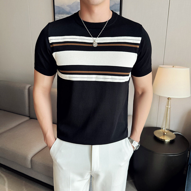 春夏新款条纹拼色男士冰丝圆领商务休闲针织衫72019/P58,男装针织衫/毛衣,电商C309