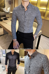 精品暗印花千鸟格 韩版英伦店主风男士长袖休闲衬衫潮M801P60图片