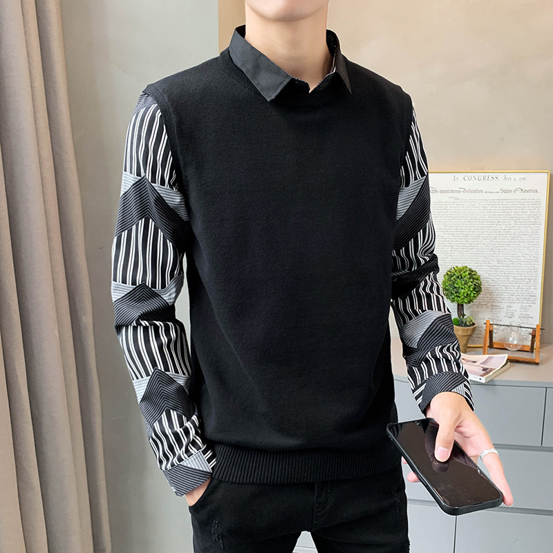 8226#P105秋冬款 高品质男士假两件针织衫长袖套头毛衣图片