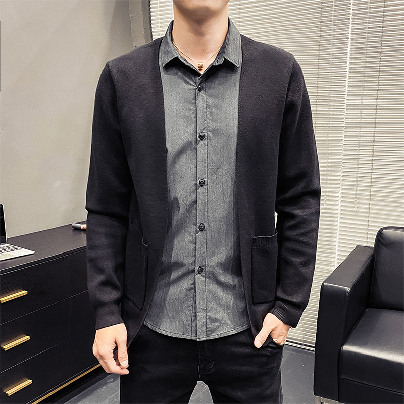9011#秋冬款男士韩版修身针织开衫假两件毛衣小外套P90,男装针织衫/毛衣,电商C309