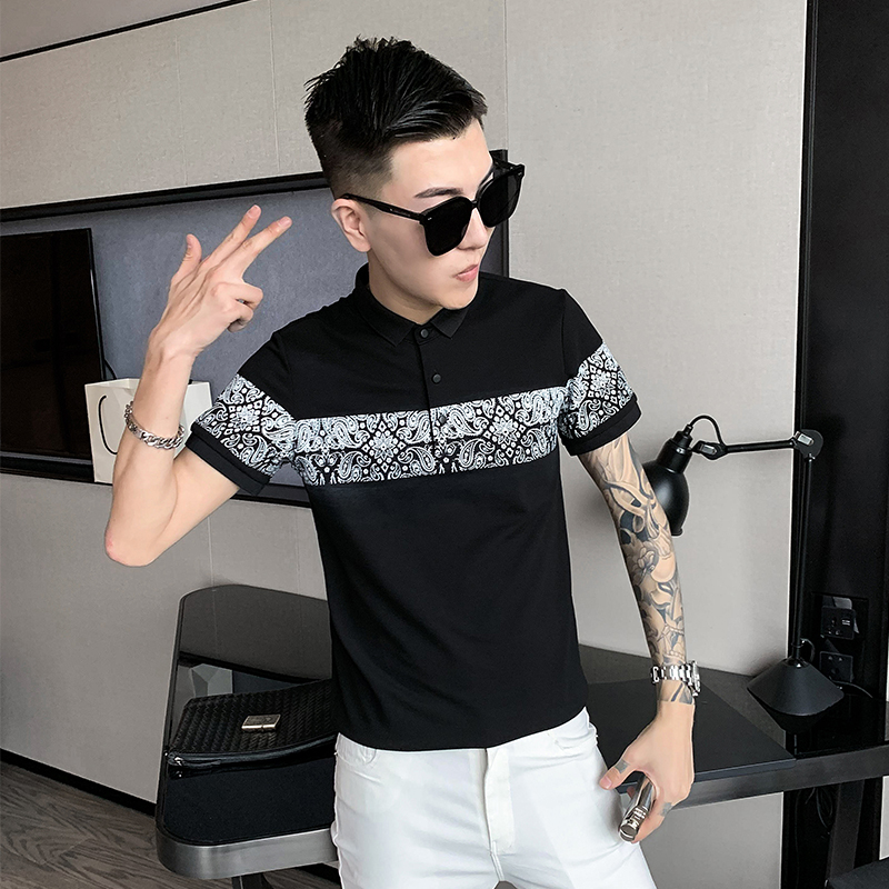 8023#袖臂时尚腰果花男士短袖休闲T恤翻领polo衫潮P58，男装T恤，电商C309