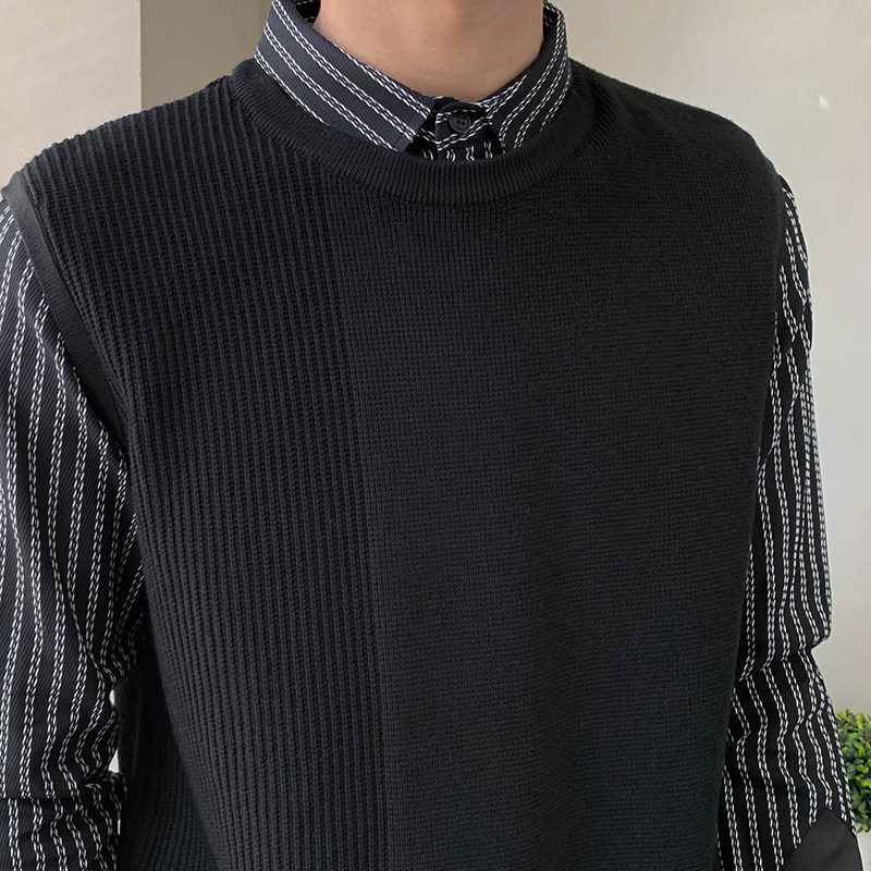 新款拼接织法双线条纹男士假两件针织衫长袖套头毛衣8956#P105,男装针织衫/毛衣,电商C309