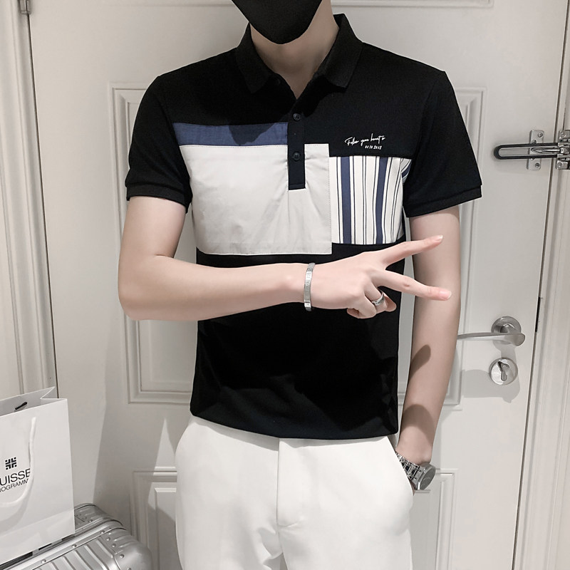 夏款条纹拼接男士休闲polo衫小伙风翻领T恤男潮86023#P55,男装T恤,电商C309