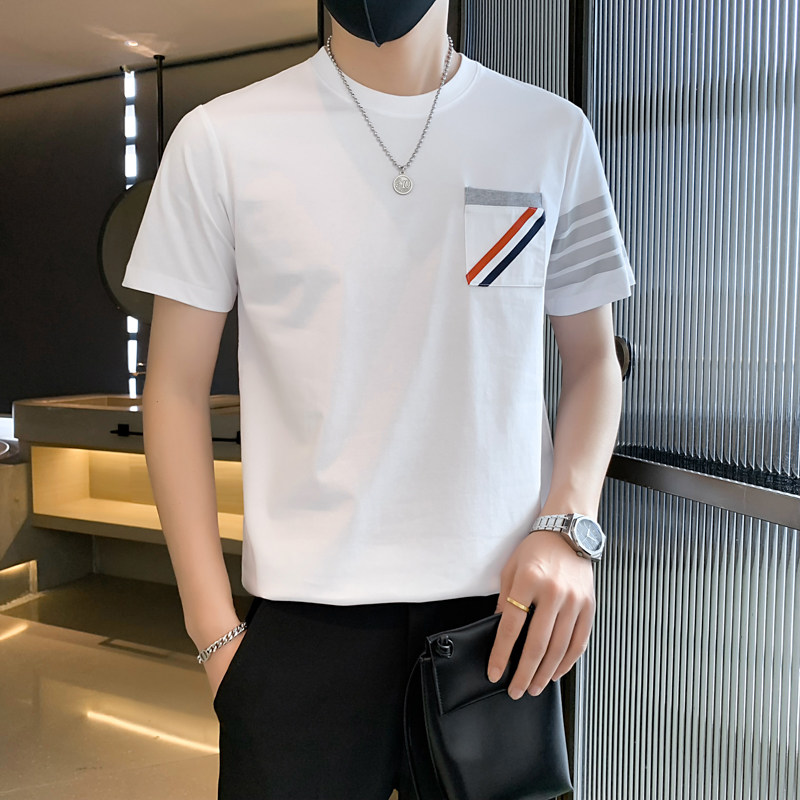 23367#白夏新款反光标条纹细节TB编织带男士圆领T恤潮特P48控78，男装T恤，电商C309