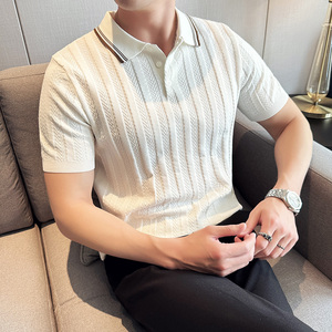 2025新款 春夏冰丝翻领针织衫 男士条纹短袖polo72031/P62图片