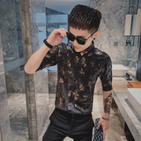 C82#金丝边印花衬衫社会风精神小伙七分袖衬衫男士半袖衬衫TP53，男装T恤，电商C309