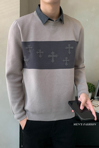 秋冬新款拼色提花 高品质男士假两件针织衫长袖套头毛衣8955#P105图片