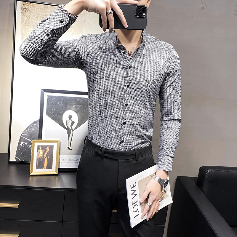 2025秋款千鸟格印花店主风男士韩版长袖休闲衬衫C801#P60,男装衬衫,电商C309