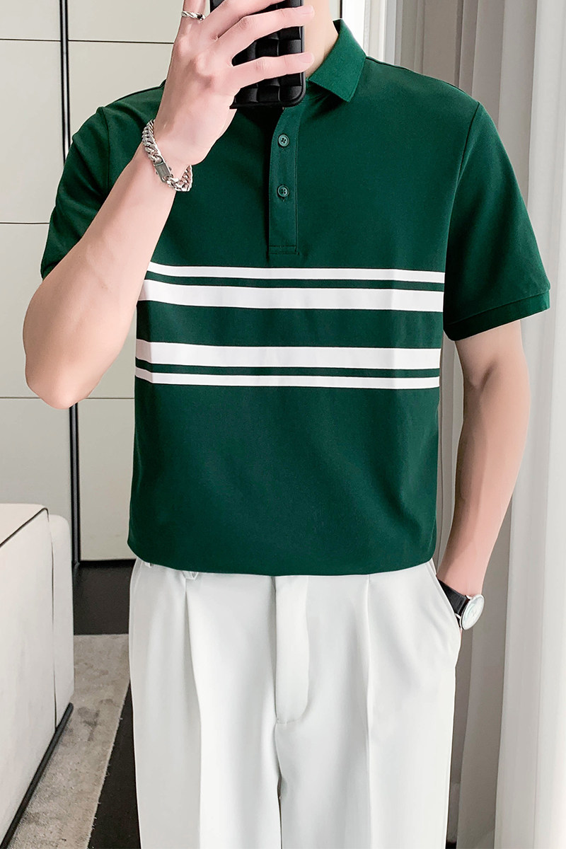 9005#_白条纹拼接印花polo衫男轻熟店主翻领短袖休闲T恤潮P55,男装T恤,电商C309