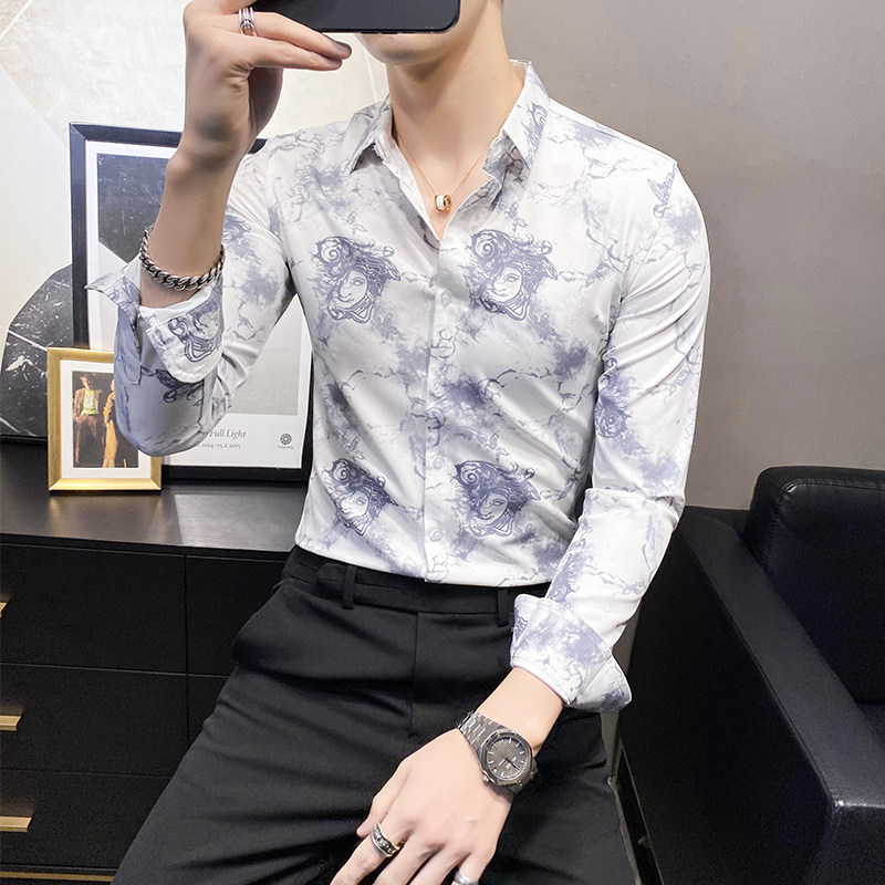 C916_P60/2025秋款人头银丝边印花店主风男士韩版休闲衬衫潮,男装衬衫,电商C309