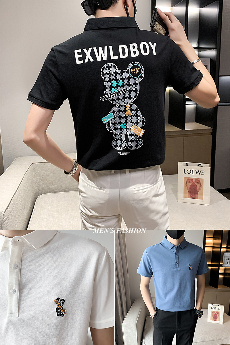 5511#蓝夏款小熊刺绣印花男士polo衫潮小伙风翻领短袖T恤男P55,男装T恤,电商C309