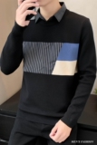 秋冬新款条纹色块拼接男士纯色针织衫套头假两件毛衣8973#P105，男装针织衫/毛衣，电商C309