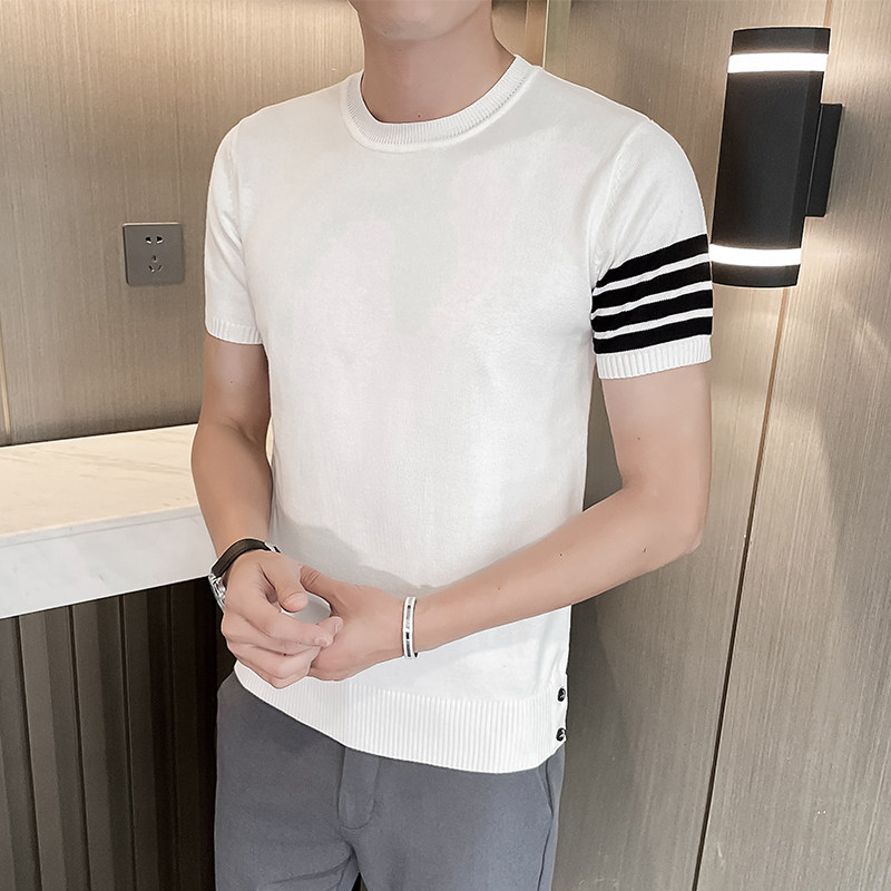 春夏经典TB条纹下摆装饰扣男士韩版修身圆领针织短袖M3677#P58,男装T恤,电商C309