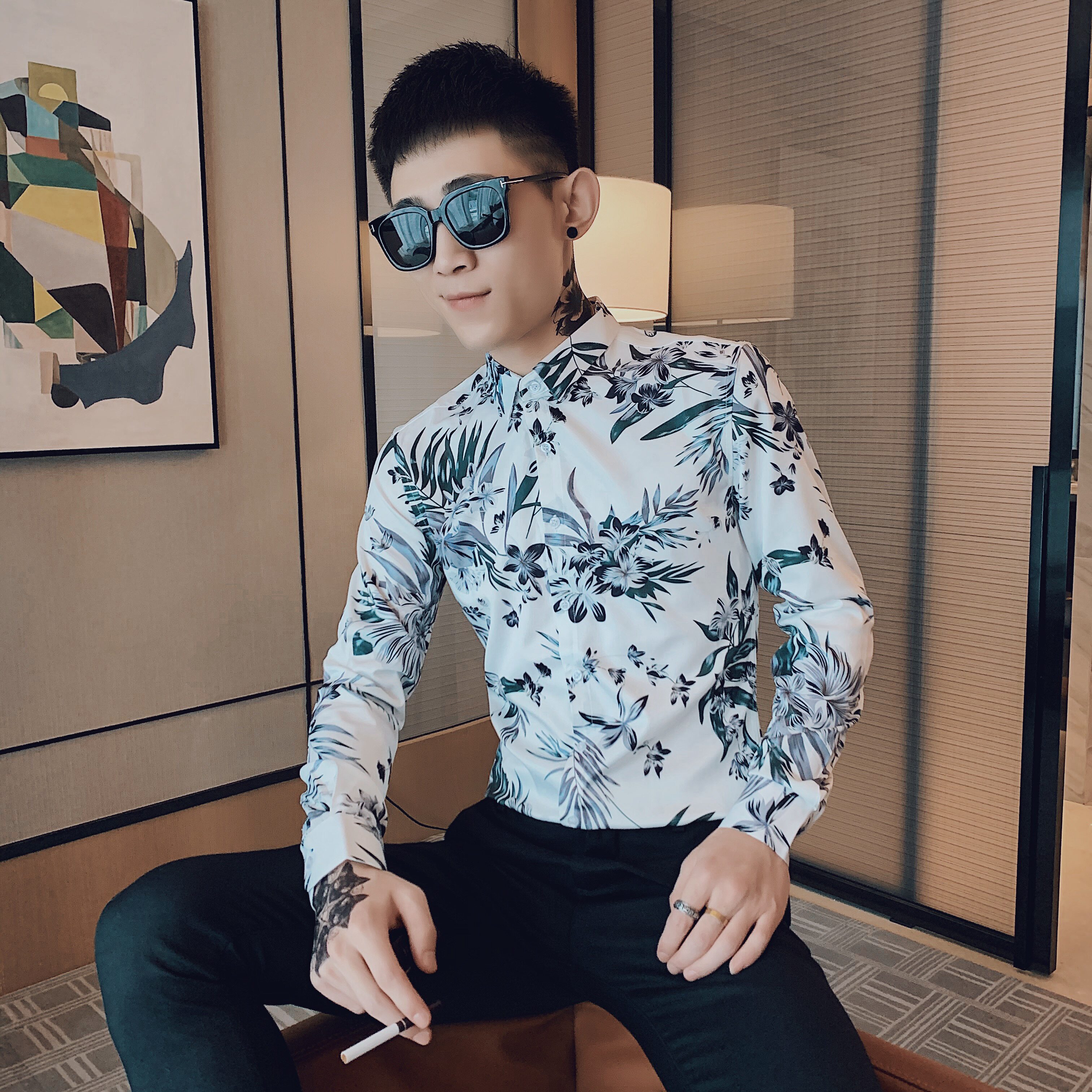 2021款新社会风男士韩版休闲长袖印花衬衫潮C803_P58,男装衬衫,电商C309