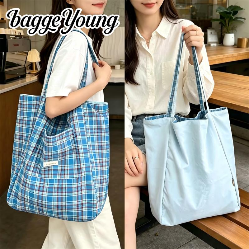 Baggeyoung清新双面蓝格单肩大包