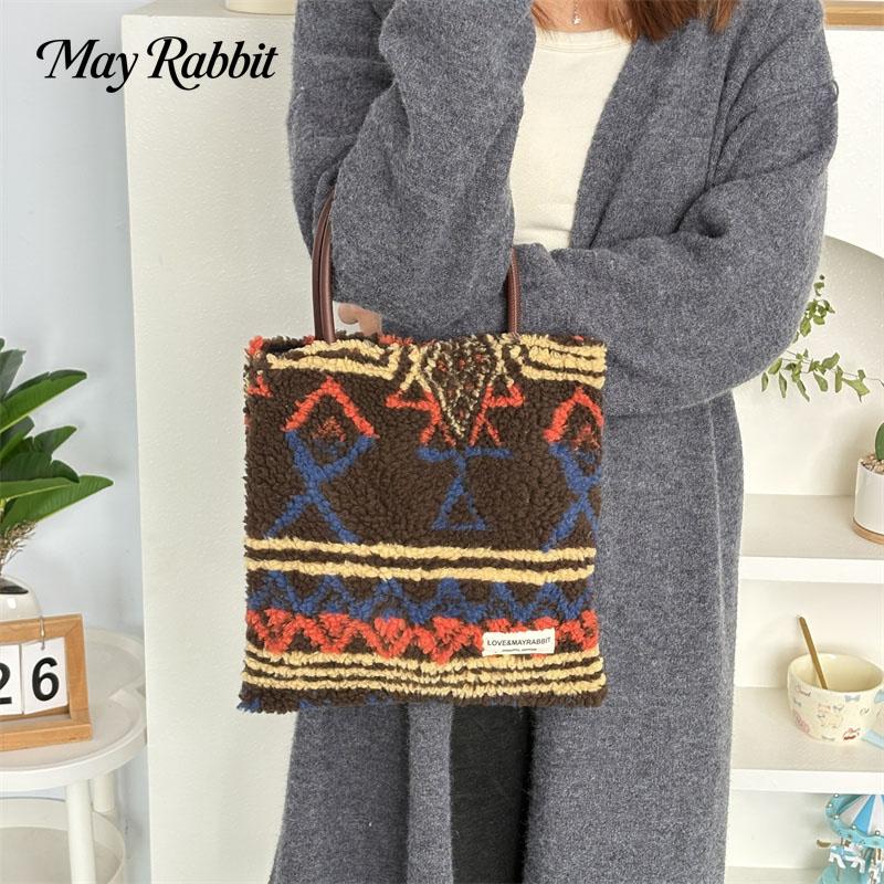 MAYRABBIT复古毛绒印花手拎包
