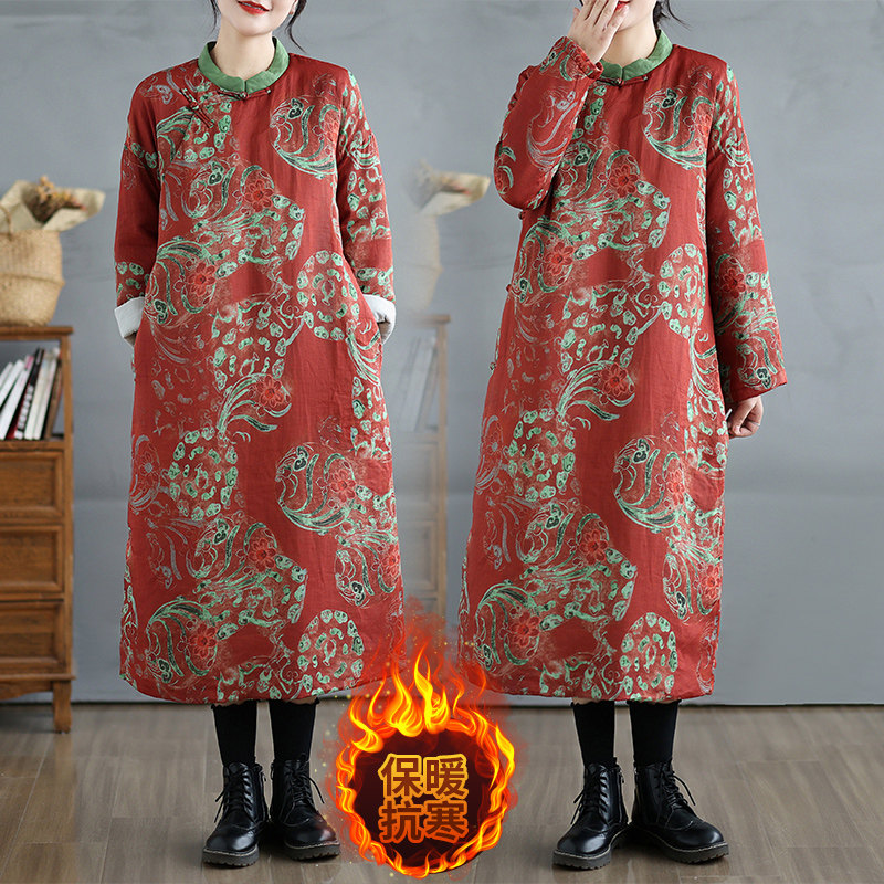 新年服装冬新中式棉麻拼色印花中长款棉衣复古国风棉服棉裙
