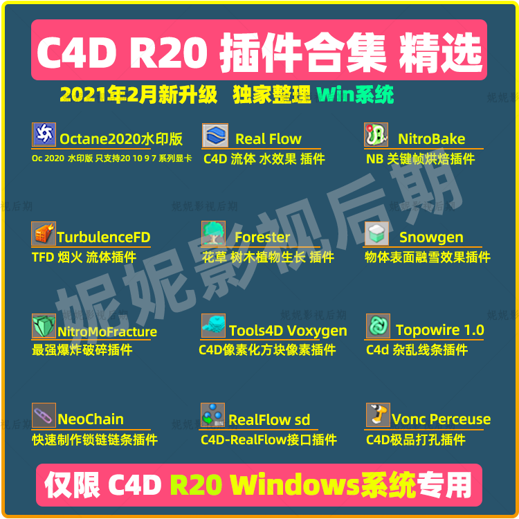 仅限Win系统 C4D R20插件合集TurbulenceFD RealFlow Octana插件