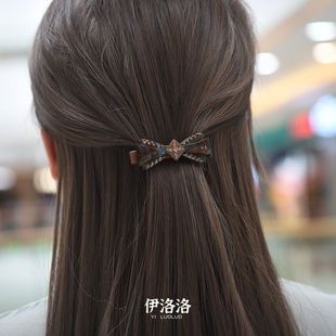 小号半扎后脑勺发夹女日韩镶钻蝴蝶结咖色一字弹簧夹顶夹发卡发饰