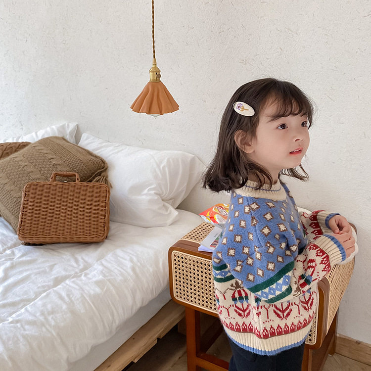 安哥拉纤绒纱冬韩版针织上衣中小女童民族风古着毛衣