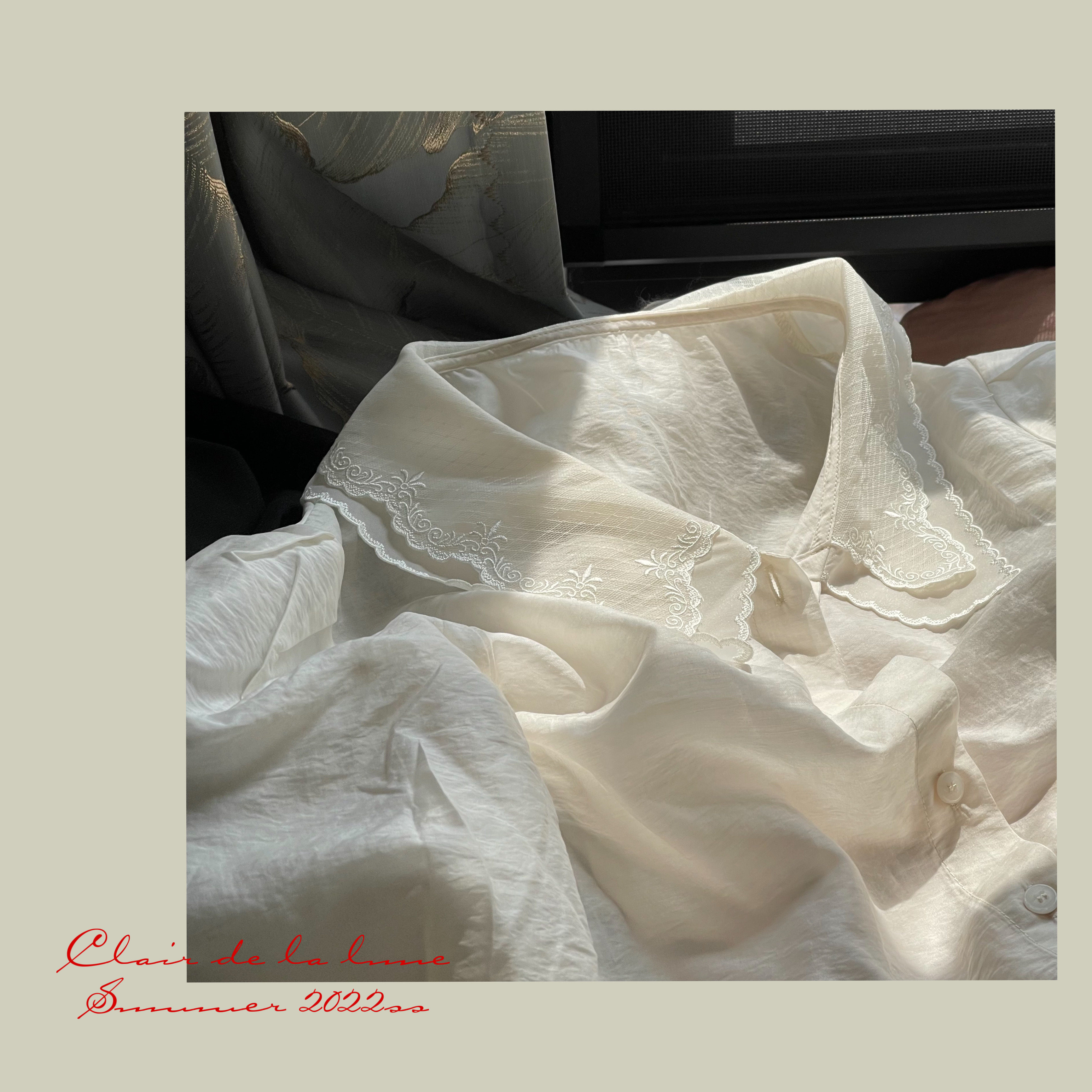 Clair de la lune_《鸢尾浮世绘》双层古典刺绣领 珠光棉打底衬衫