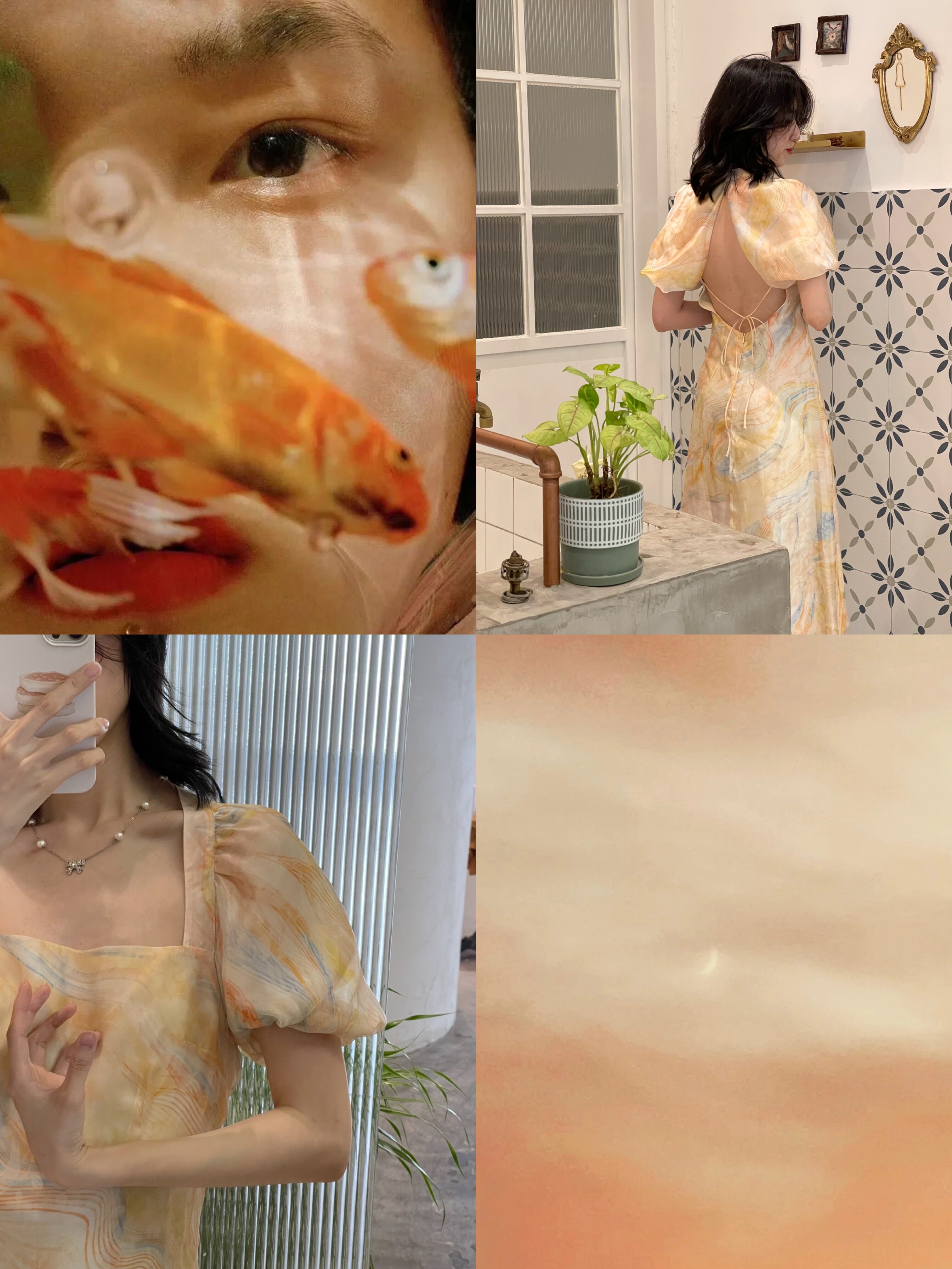 {宫崎骏童话偷跑出来的金鱼姬}_落日嫩菠萝色 油画晕染露背礼服裙