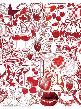 100张红色情人节简笔画贴纸装饰DIY笔记本手机行李箱手账防水贴画