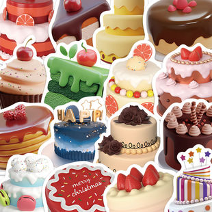 50张卡通3D生日蛋糕贴纸生日礼物装 饰手账本电脑iPad防水diy贴画