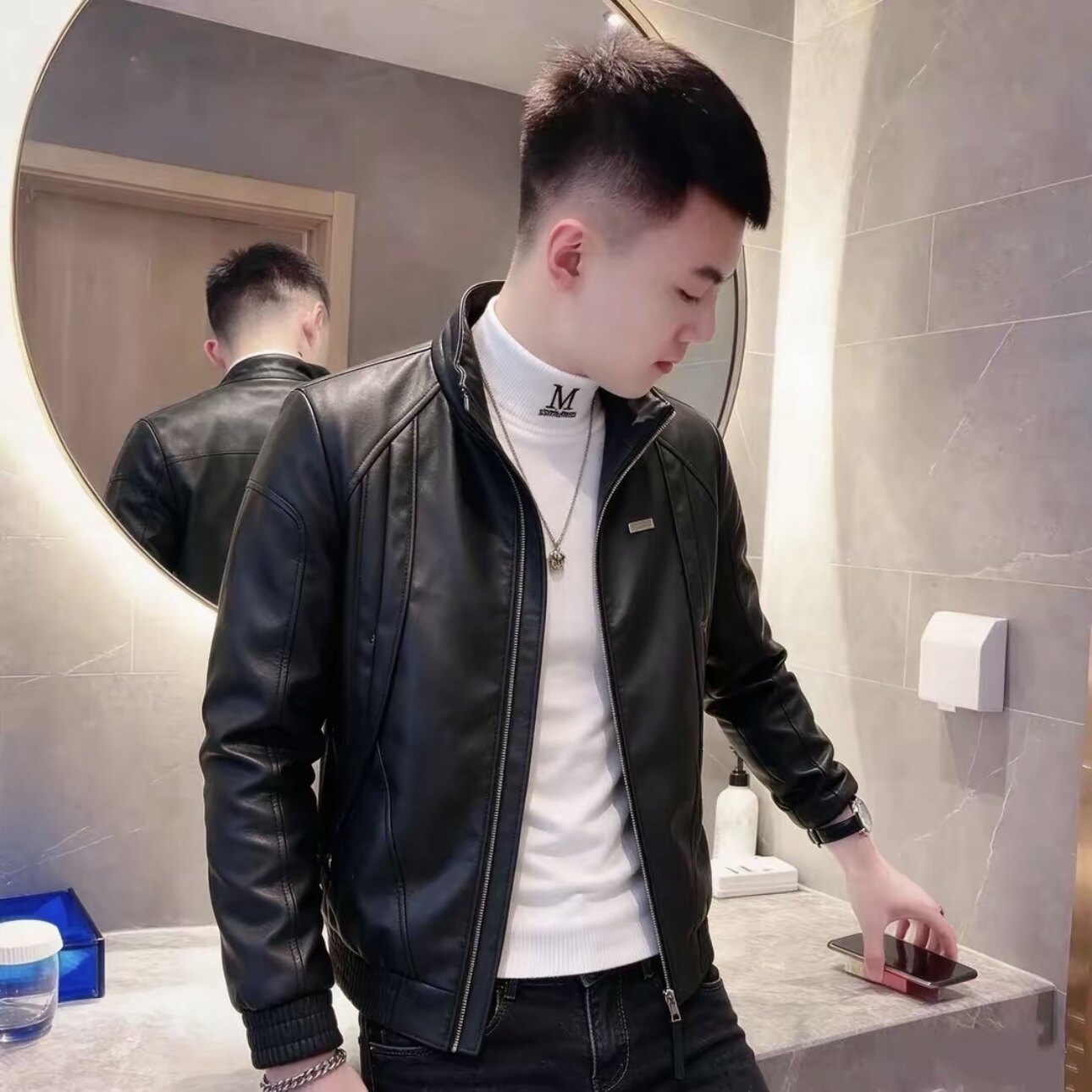 男士立领修身休闲保暖新款皮衣外套气质个性休闲风冬季款时尚加绒