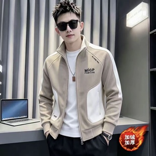 新款气质个性休闲风冬季款加绒加厚男生外套修身显瘦时尚潮流帅气