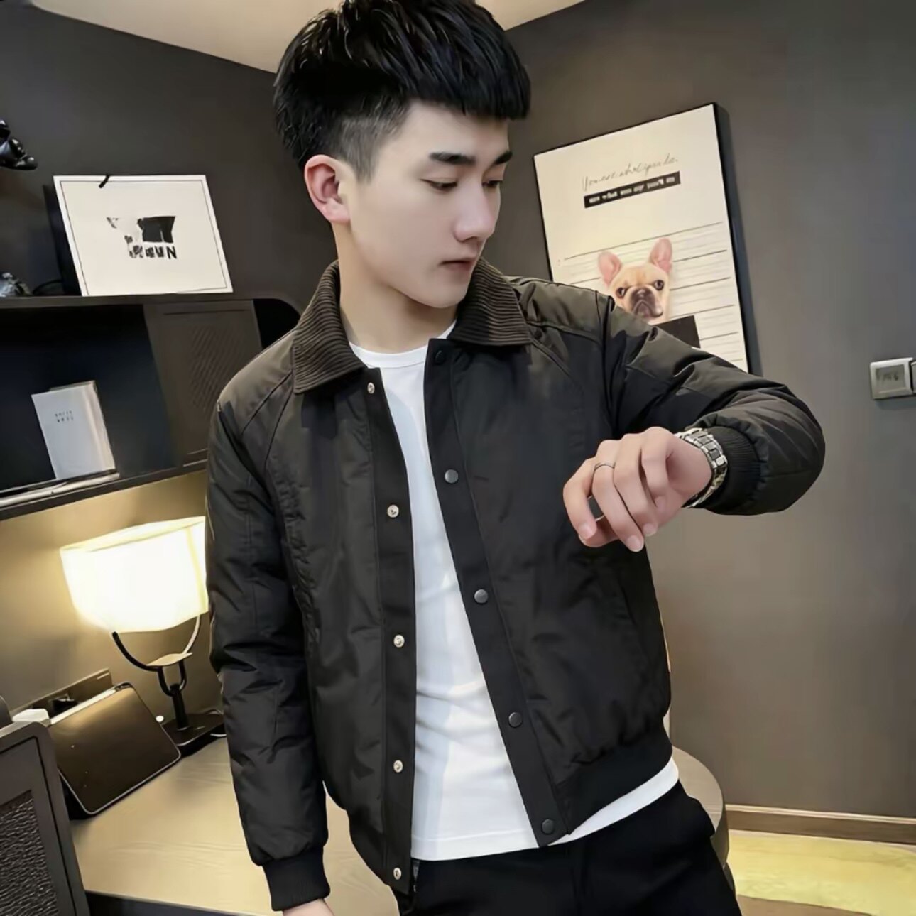 男士翻领修身休闲保暖新款棉服外套气质个性休闲风冬季款时尚加厚