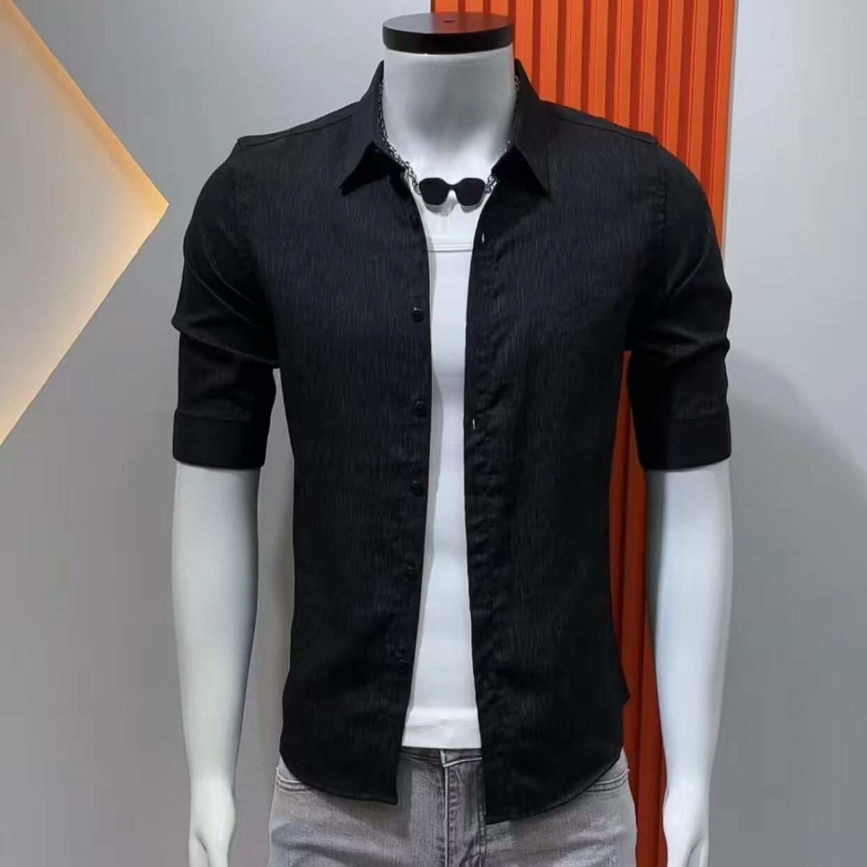 男士中袖衬衫夏季修身翻领韩版潮流百搭帅气黑色衬衣时尚气质衬衫