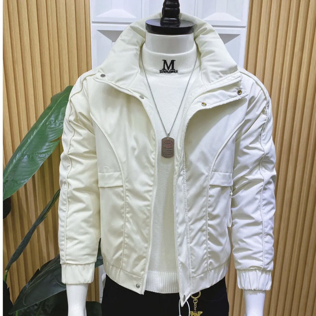 2025新款男士时尚气质棉衣韩版修身加厚保暖白色潮流棉服外套男装