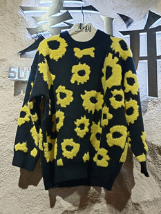 男潮提花港风ins宽松圆领毛线衣毛衫 素拼男装 针织衫 新款 冬季