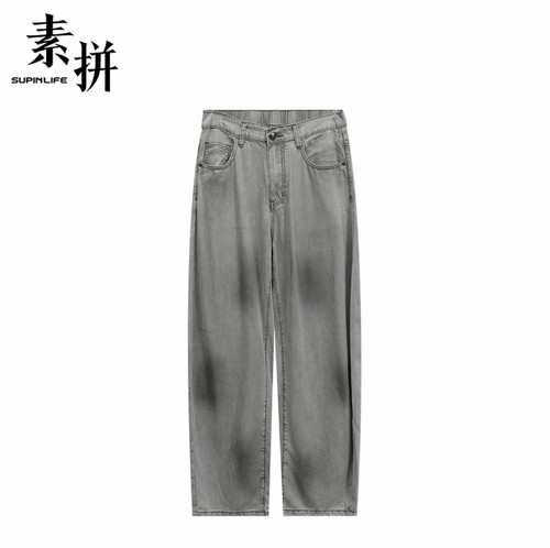 素拼男装夏季新款牛仔裤休闲裤直筒莱赛尔做旧宽松SPBZK523287AM