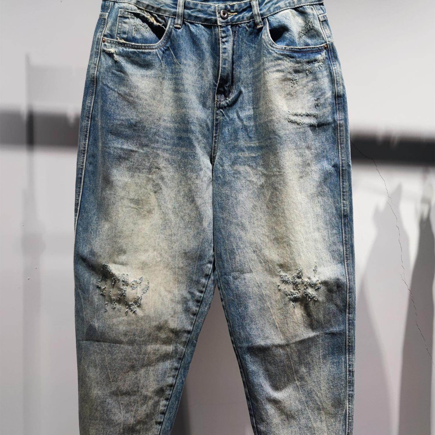 素拼拉链长裤水洗春秋复古牛仔