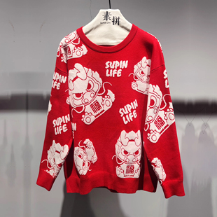 针织衫 新款 潮牌提花毛线衣SPAZZ411026AM 春秋季 素拼男装