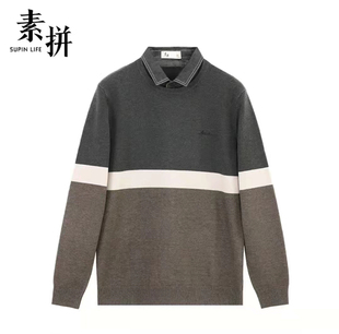 潮牌设计感衬衫 素拼男装 针织衫 新款 领撞色痞帅百搭通勤毛线衣 冬季