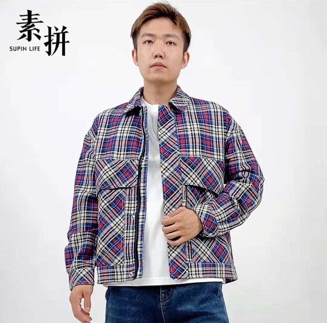 素拼男装新款春秋季长袖夹克外套ins文艺风方格工装通勤文艺外衣